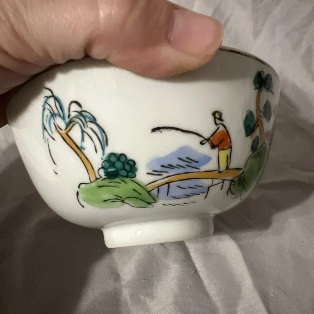 Vintage Antique 19th Century Chinese Rice Bowl - Porcelain, Fisherman